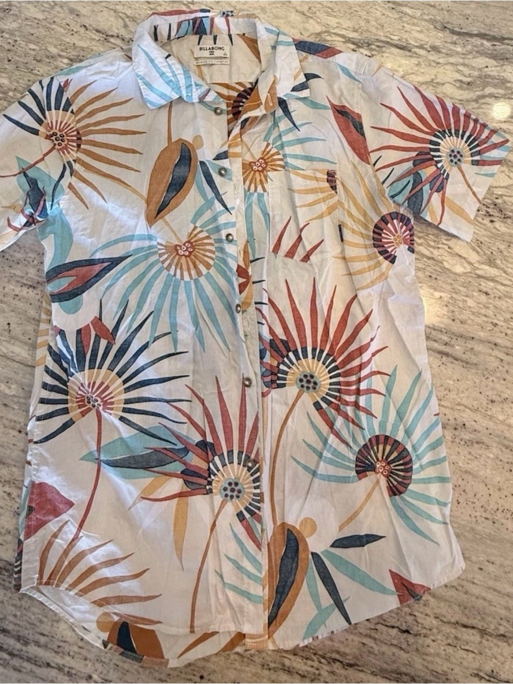 Billabong White Short Sleeve Button-Down Shirt with Multi-Color Tropical Print